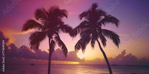 P  r do sol na praia com palmeiras