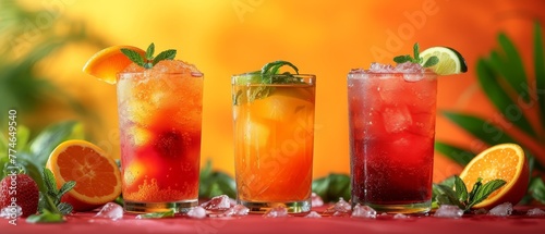   Three drinks featuring oranges and strawberries on a red table against a yellow background Oranges and strawberries garnish each glass  accompanied by green leafy elements at the edge of the
