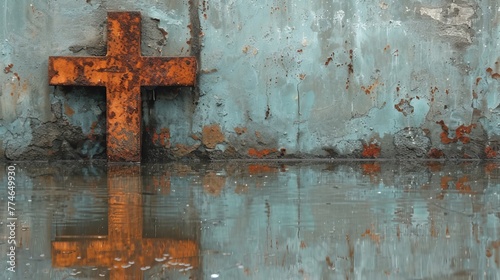  A rusted cross submerged in a pool of water, beside a wall with peeling paint