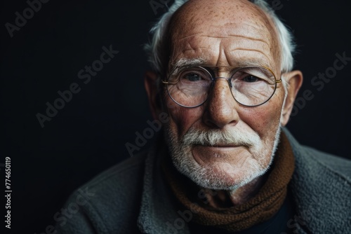 Portrait of an old man with glasses on a dark background. © Iigo
