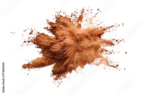 Explosion splash of ground coffee or cocoa powder with freeze isolated on background  pile of splatter of coffee grind dust powder  brown shattered beans.