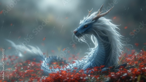   A blue dragon sits amidst a sea of red blooms  in the rain  bearing horns atop its head