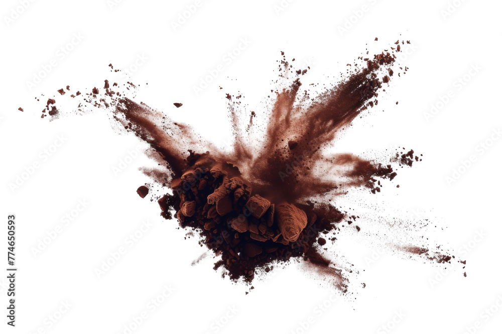 Explosion splash of ground coffee or cocoa powder with freeze isolated on background, pile of splatter of coffee grind dust powder, brown shattered beans. Explosion splash of ground coffee or cocoa powder with freeze isolated on background, pile of splatter of coffee grind dust powder, brown shattered beans.