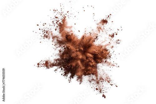 Explosion splash of ground coffee or cocoa powder with freeze isolated on background, pile of splatter of coffee grind dust powder, brown shattered beans. photo