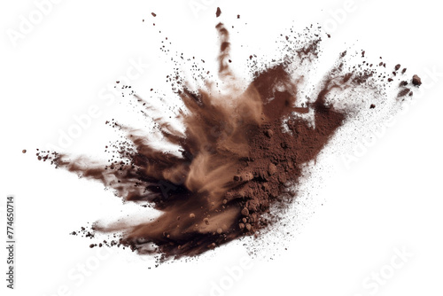 Explosion splash of ground coffee or cocoa powder with freeze isolated on background, pile of splatter of coffee grind dust powder, brown shattered beans.