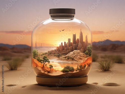 Urban ecosystem concerved in a glass bottle at desert 