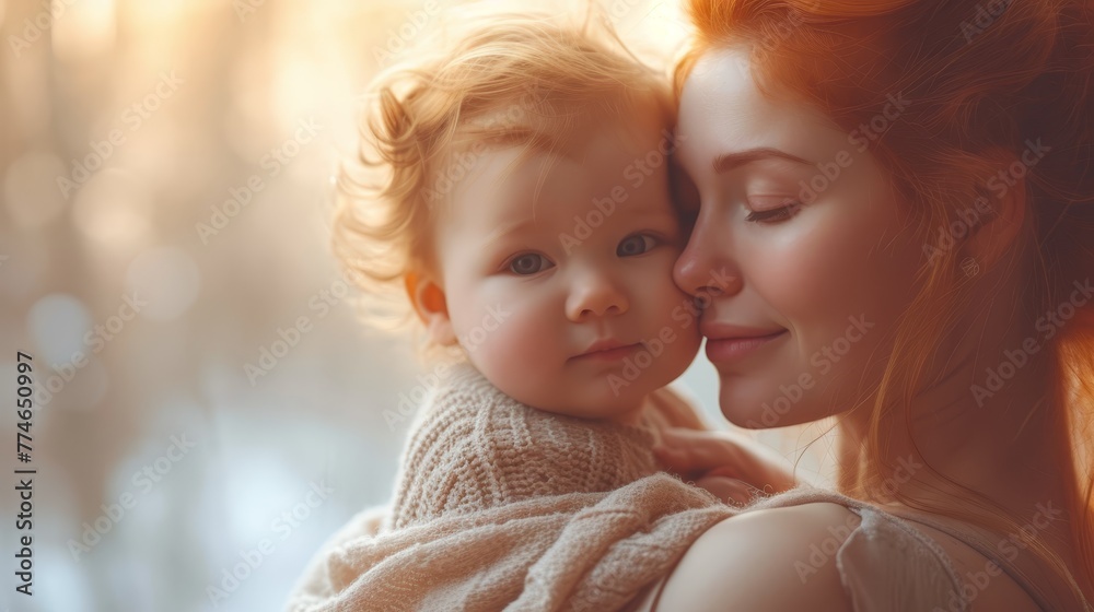   A woman, smiling, holds a baby swathed in a blanket, gazing at the camera