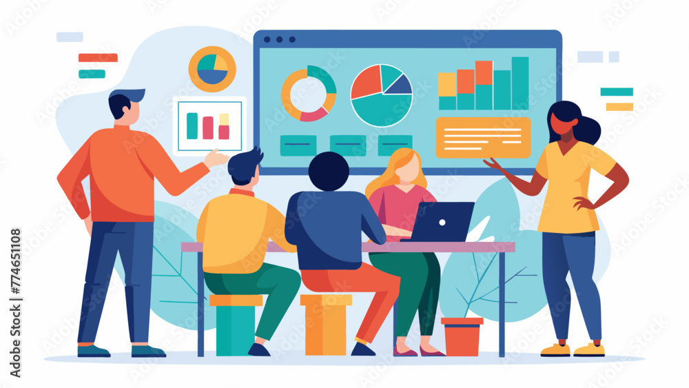 In a brightly lit room technicians huddle around a large monitor yzing graphs and charts that display data from various sources. They work