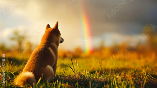 美しい虹を見つめる柴犬の後ろ姿 photo