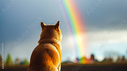 美しい虹を見つめる柴犬の後ろ姿 photo