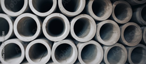 A close up of a pile of pipes stacked on top of each other  showing various sizes and materials  ready for industrial use