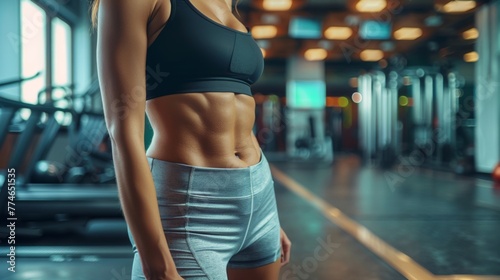 Woman in Sport gym fitness background waist in sports clothing