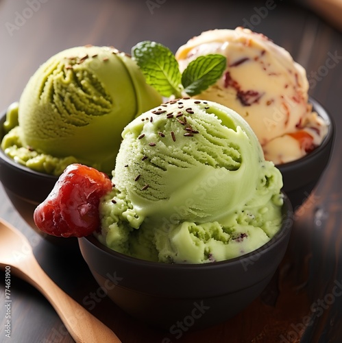 Green tea gelato ice cream served in ice cream glass, cinematic food photography 