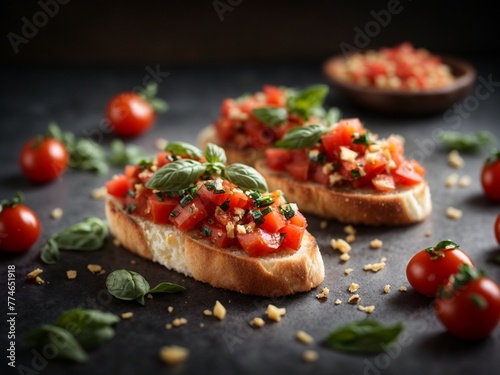 Italian Bruschetta, diced tomatoes marinated in olive oil, balsamic garlic and basil served over crostini