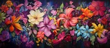 Vibrant painting depicting a variety of colorful flowers arranged against a striking black backdrop for a dramatic effect