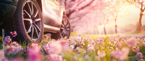 A car tire with stylish rims is placed on the grass, surrounded by blooming cherry blossoms and pink clover in spring