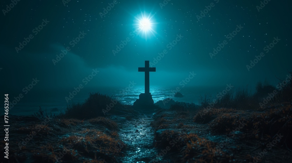 Naklejka premium At night, a hilltop bears a solitary cross, aglow with a brilliant beacon overhead The tranquil water below reflects the light, while a serene trail leads to the