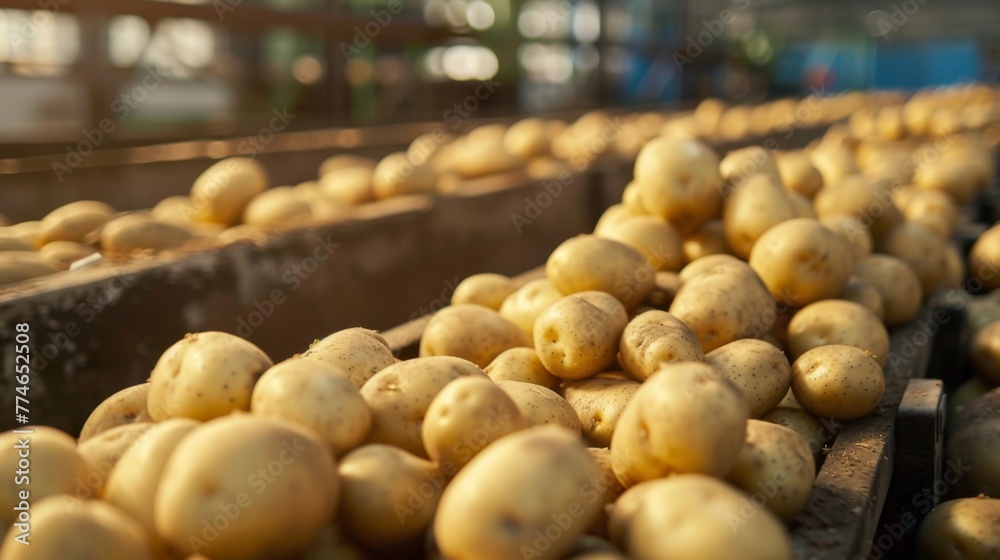 Automated potato factory. Conveyor at a food factory. Automated potato factory. Conveyor at a food factory.