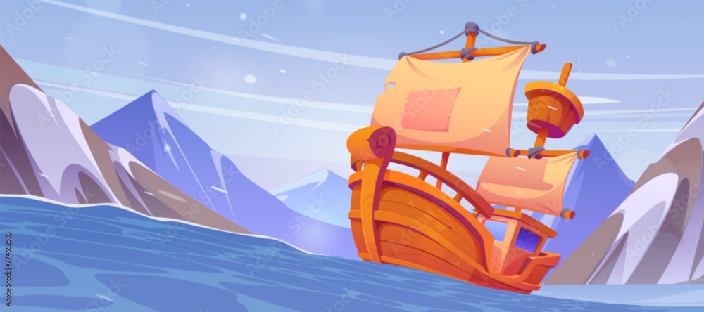 Old wooden sailboat floating in sea, snowy rocky mountains on horizon. Vector cartoon illustration of north scenery with viking vessel sailing on stormy water waves, adventure travel game background - obrazy, fototapety, plakaty 