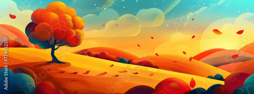 An autumn landscape with a tree and hills, in a vector illustration style resembling cartoons photo