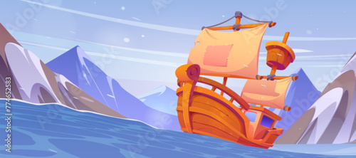 Old wooden sailboat floating in sea, snowy rocky mountains on horizon. Vector cartoon illustration of north scenery with viking vessel sailing on stormy water waves, adventure travel game background