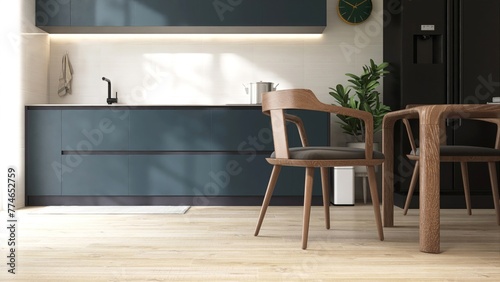 Schilderij op canvas Light brown laminated parquet floor of modern dining room, kitchen with wooden t