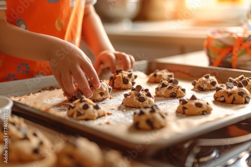 Child in apron placing raw chocolate chip cookies on baking sheet photo