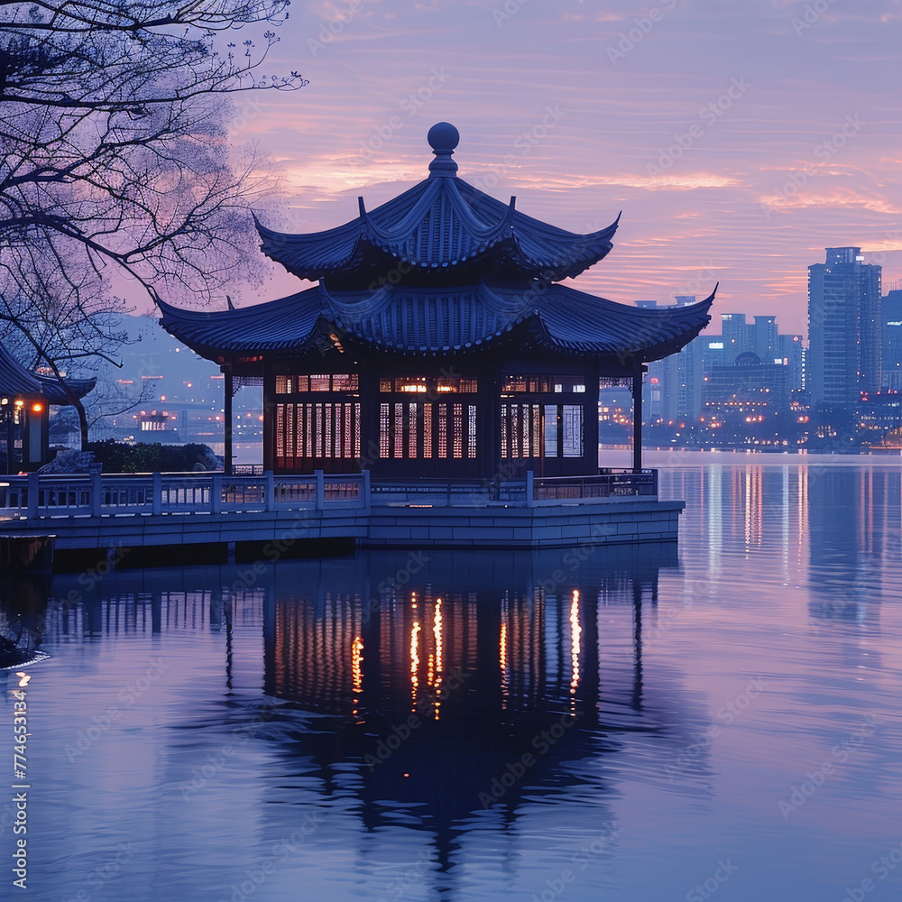 Evening Serenity: Harmonious Purple Pavilion Reflection