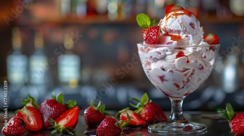 Conceive a boozy strawberry sundae with strawberry liqueur-infused ice cream and fresh strawberries photo