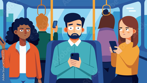 An image of a person being harassed on public transportation while other passengers turn a blind eye and continue scrolling on their phones.