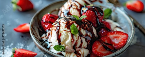 Compose a gourmet strawberry balsamic sundae with balsamic reduction vanilla bean ice cream