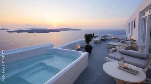 a hot tub and chairs overlooking the ocean with Santorini in the background