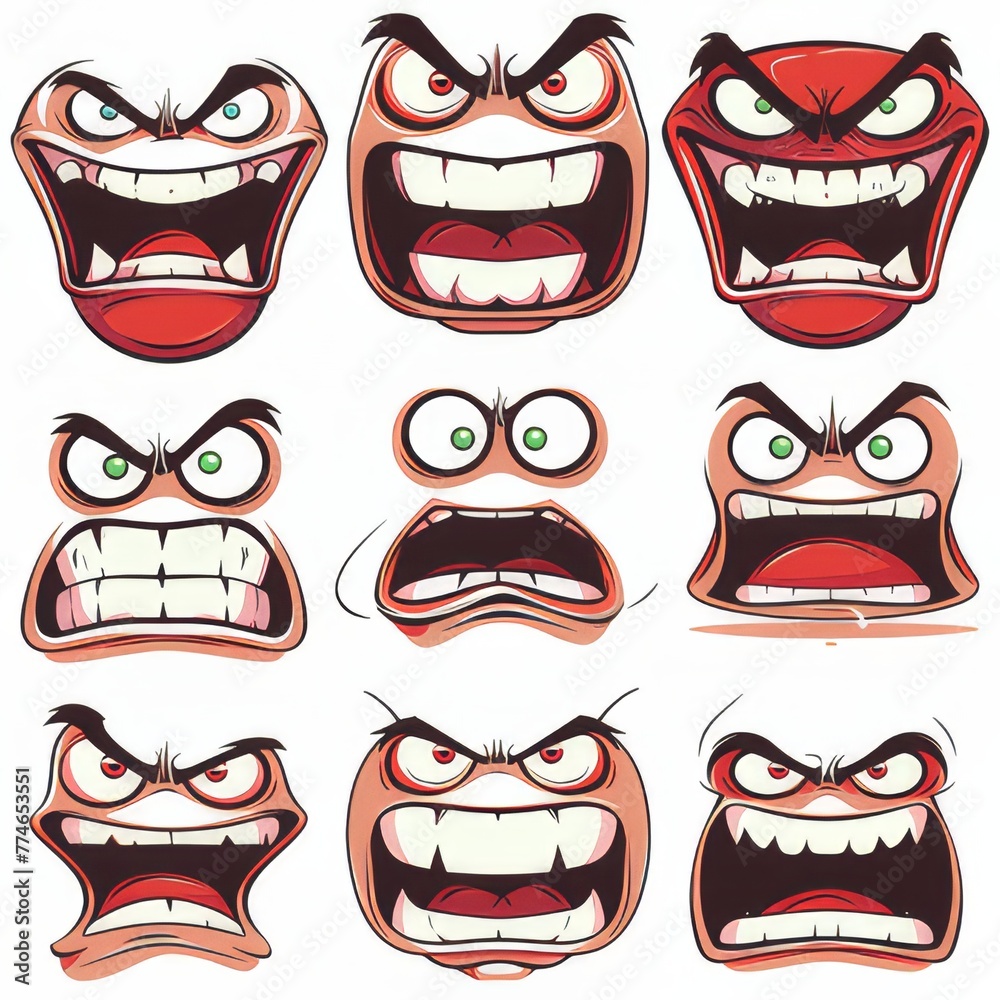 Clipart illustration with various types of angry face on a white background.	