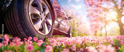 The car wheel is standing on the blooming flowers in spring, with cherry blossoms and pink clover growing around it