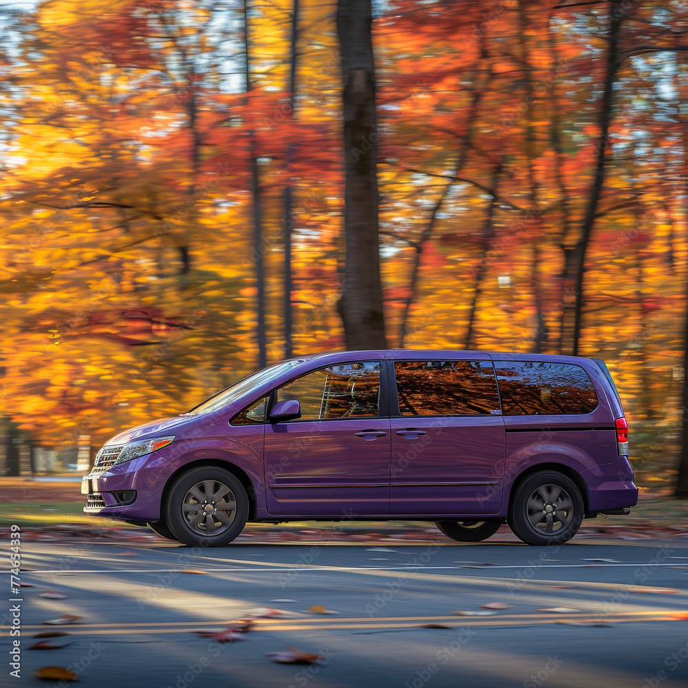 Suburban Journey: Purple Minivan on the Move Suburban Journey: Purple Minivan on the Move