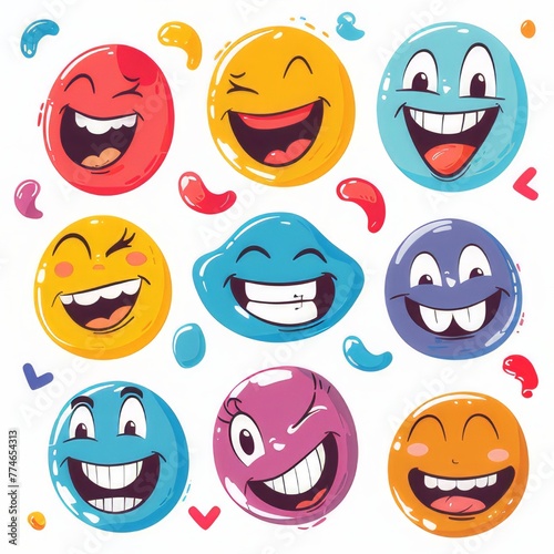 Clipart illustration with various types of smiley faces on a white background. 