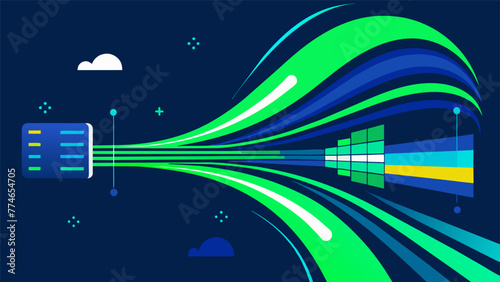 A dynamic display of vibrant blue and green lines pulsing with energy symbolizing the rapid and seamless delivery of realtime data through 5G
