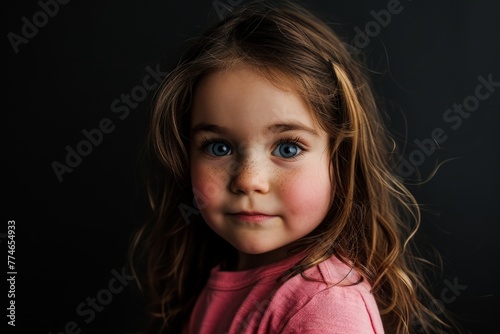 Portrait of a cute little girl with long hair on a black background
