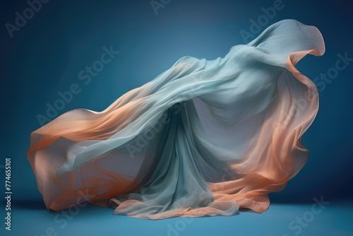 Flowing fabric in blue and orange tones on blue backdrop