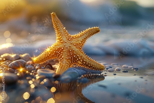 Unique starfish on the shore, photorealistic, vibrant textures, sunlit discovery ,3DCG,clean sharp focus