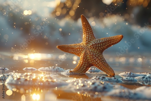 Unique starfish on the shore, photorealistic, vibrant textures, sunlit discovery ,3DCG,clean sharp focus