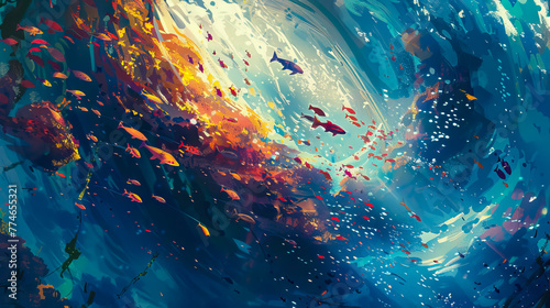 abstract painting school of fish in the ocean.