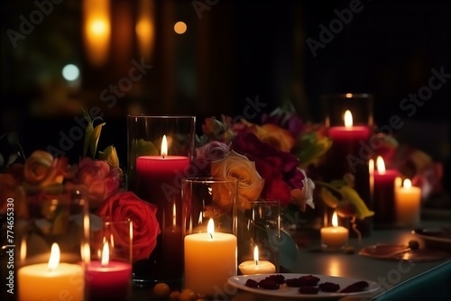 table  decorated  candles  flowers  decoration  centerpiece  elegant  dining  ambiance  romantic  setting  event  beautiful  arrangement