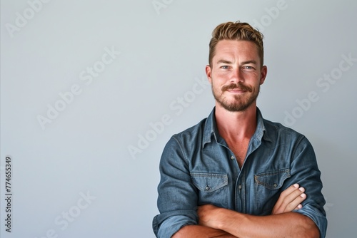Portrait of a handsome man standing with arms crossed against grey background