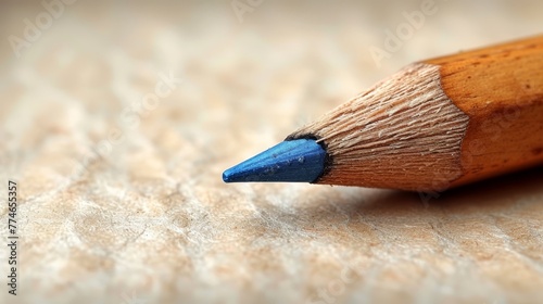  A close-up of a wooden pencil with a blue tip at its very end The pencil's tip, not the wood beneath, bears another tip - blue and intended for writing