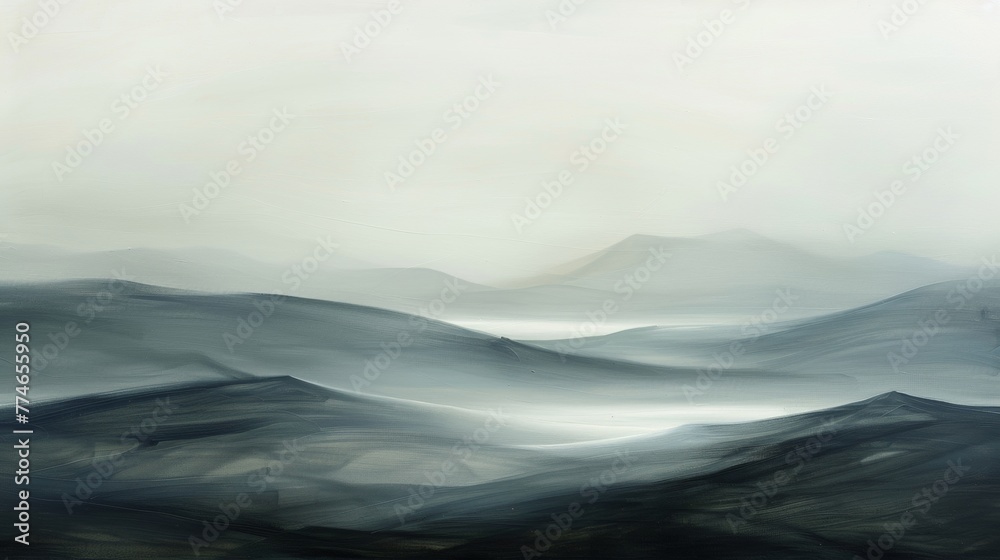 Monochrome Minimalist Mountain Landscape Painting. 