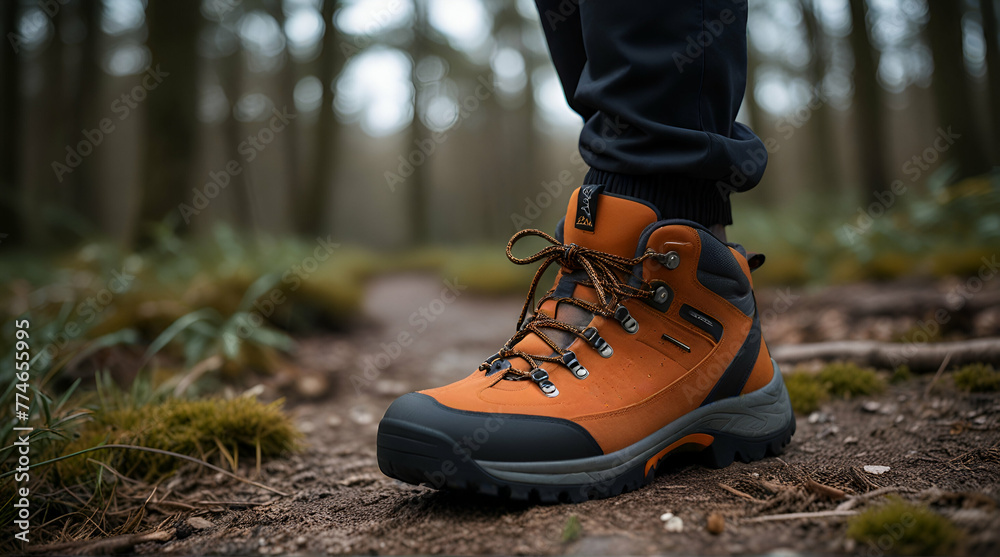 Set against the expansive vista of a high hill or rocky peak, vibrant orange hiking shoes and a rugged backpack stand as testaments to exploration. generative.ai