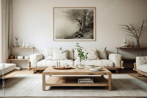 Serene Scandinavian living room featuring dual sofas  a vintage wooden table  and an unoccupied frame for custom content.