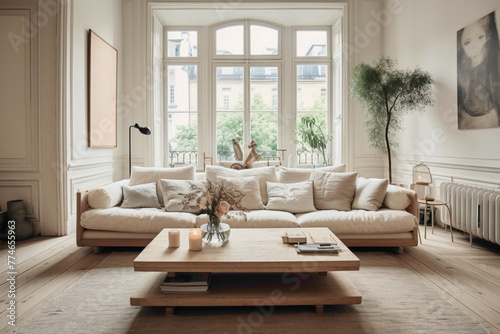 Serene Scandinavian living space featuring dual sofas, an aged wooden table, and an unoccupied frame waiting for personalized content. photo