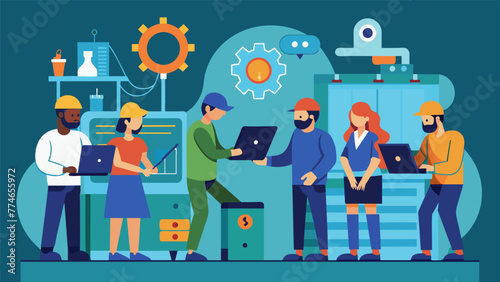 A photograph of a team of engineers working closely together in a microfactory showcasing the collaborative effort required to meet tight